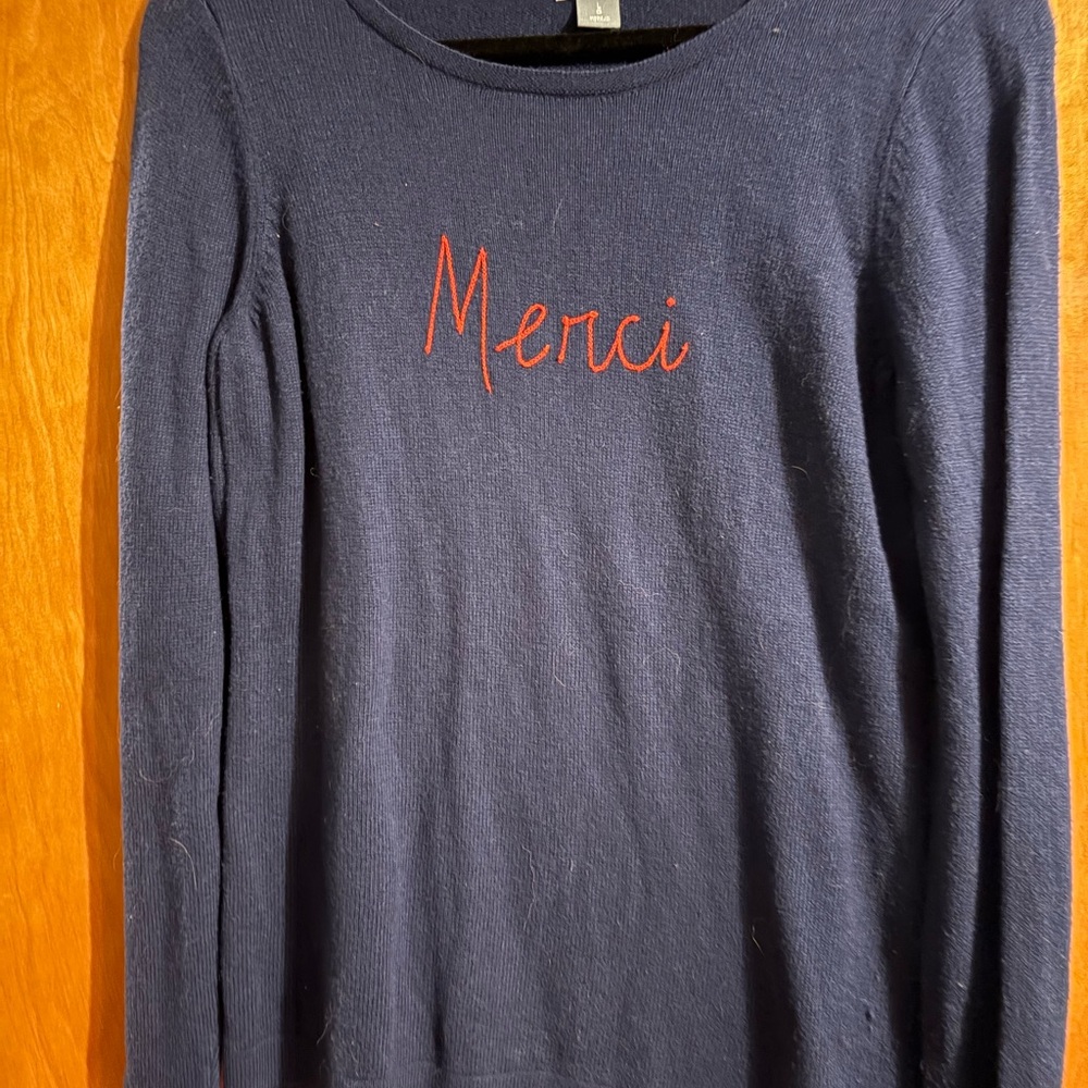 Old Navy Navy Blue Sweater with Red Merci Embroidery